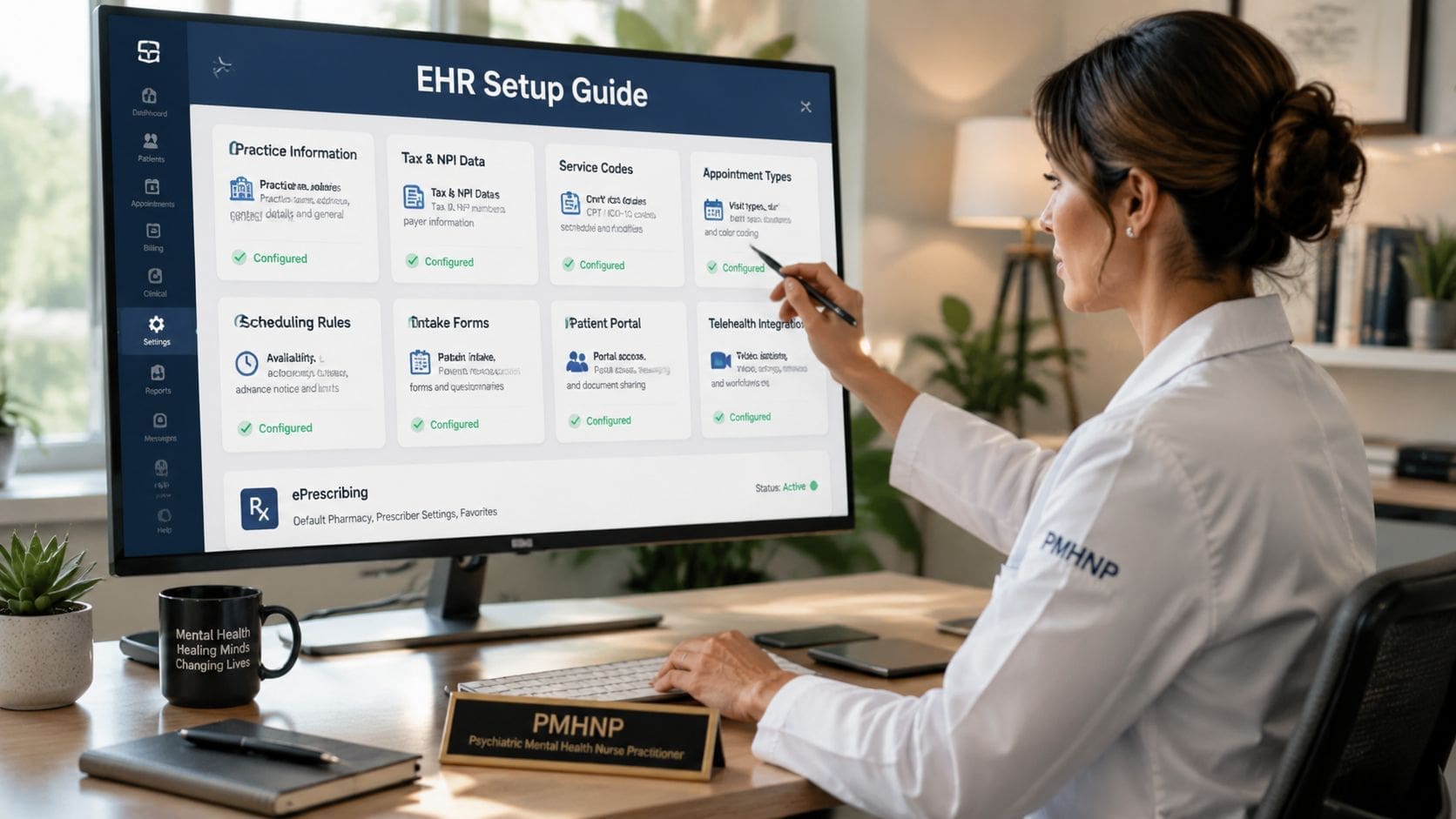 A Psychiatric Mental Health Nurse Practitioner uses an electronic health record setup guide on her computer.