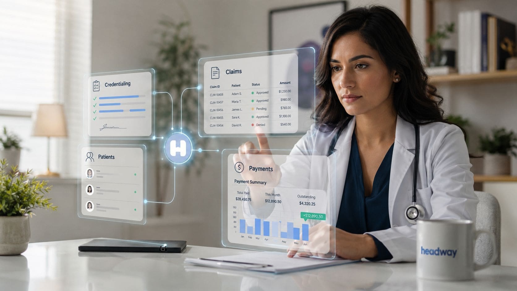 A mental health professional interacts with a futuristic digital interface displaying patient claims, payments, and credentialing information.