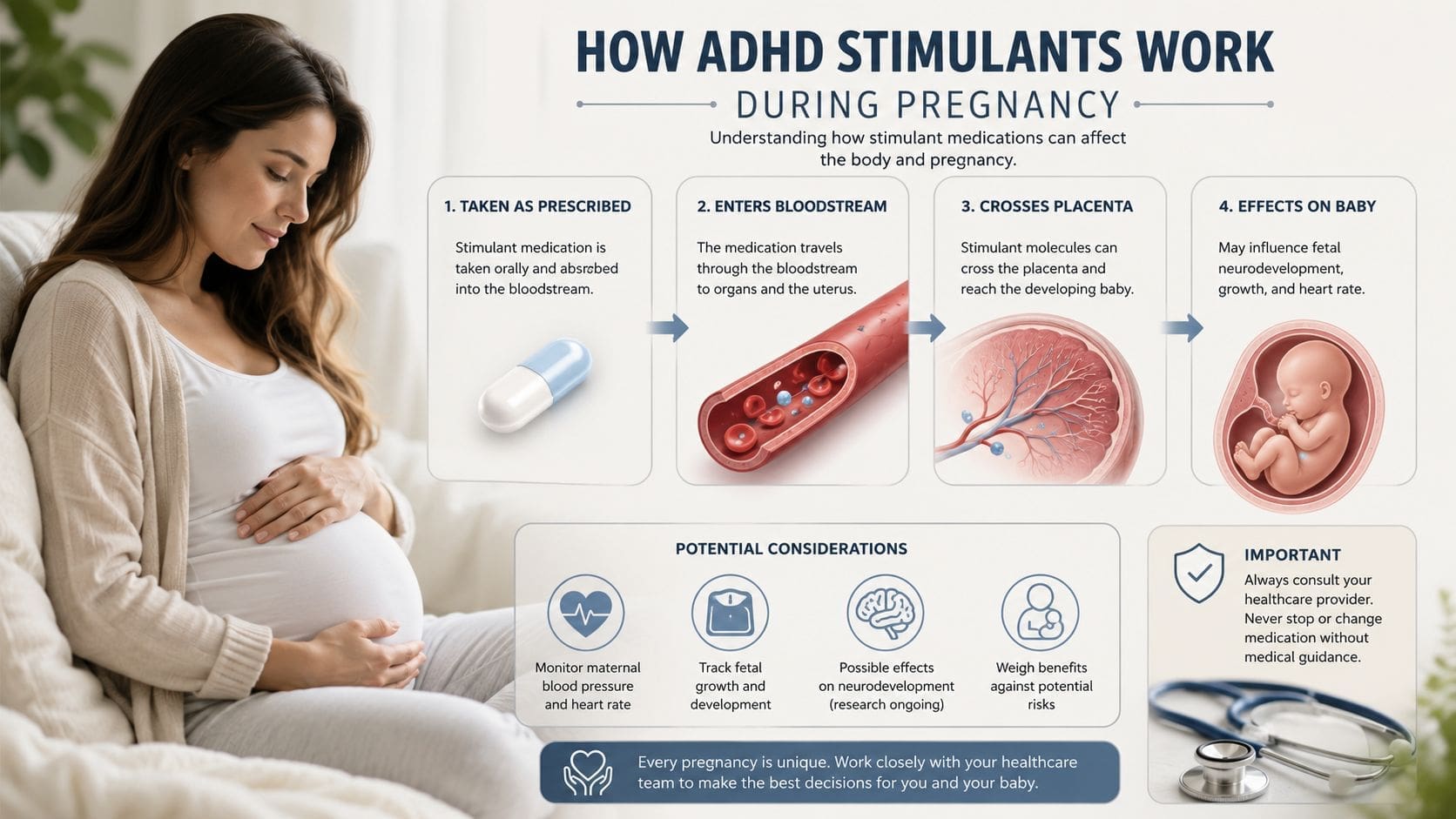 A visual guide illustrating how ADHD stimulant medications travel through the body to affect a developing fetus.