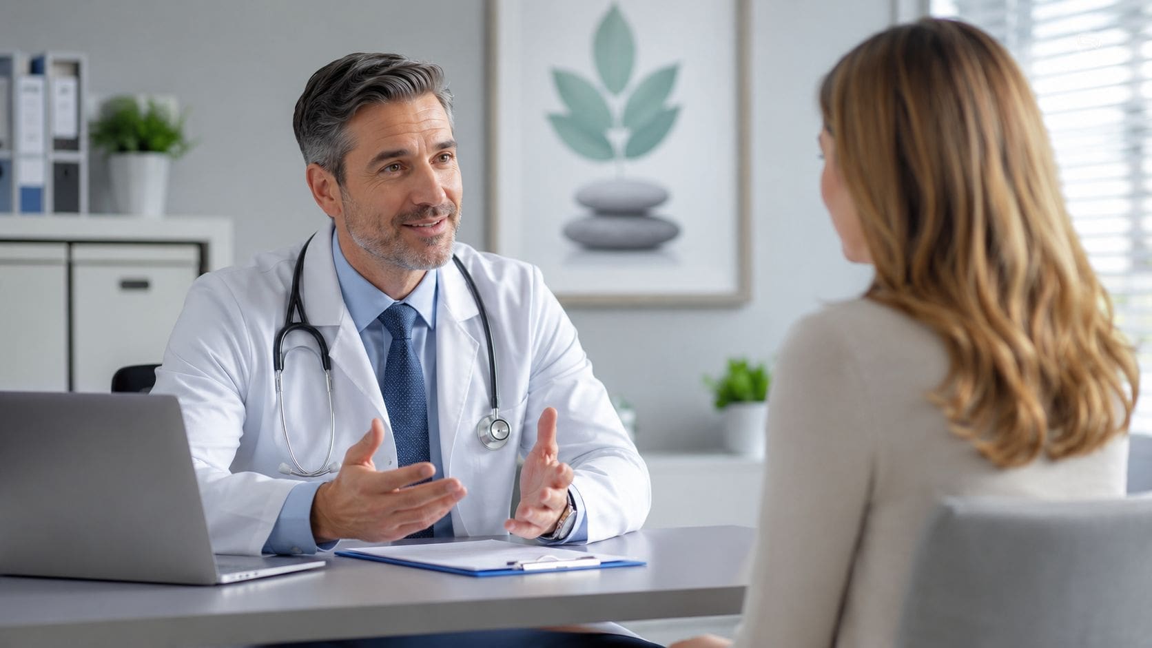 A professional doctor sitting at a desk and having a medical consultation with a patient in office.
