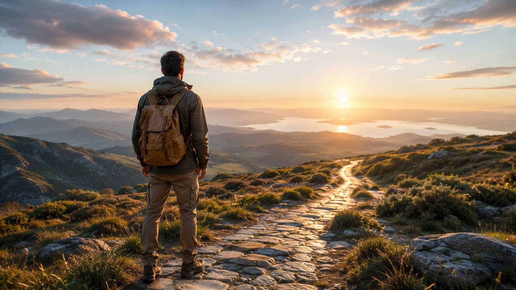 A traveler standing on a stone path looking at a mountain sunset over a distant lake.
