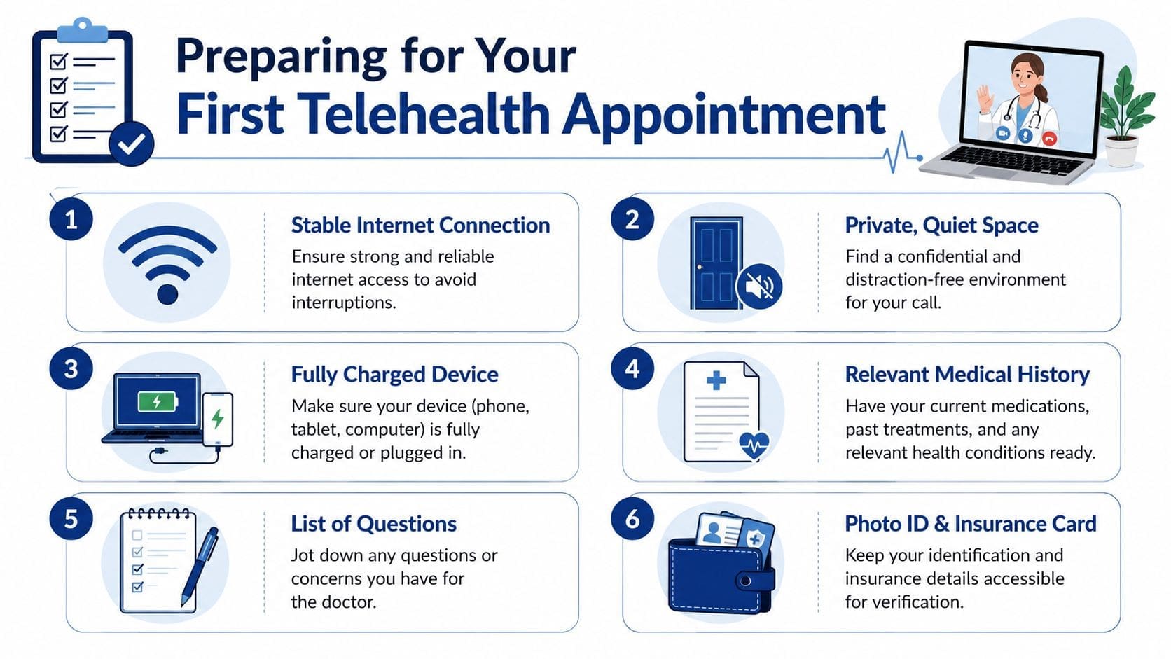 An infographic titled Preparing for Your First Telehealth Appointment, listing six key steps for a successful virtual visit.