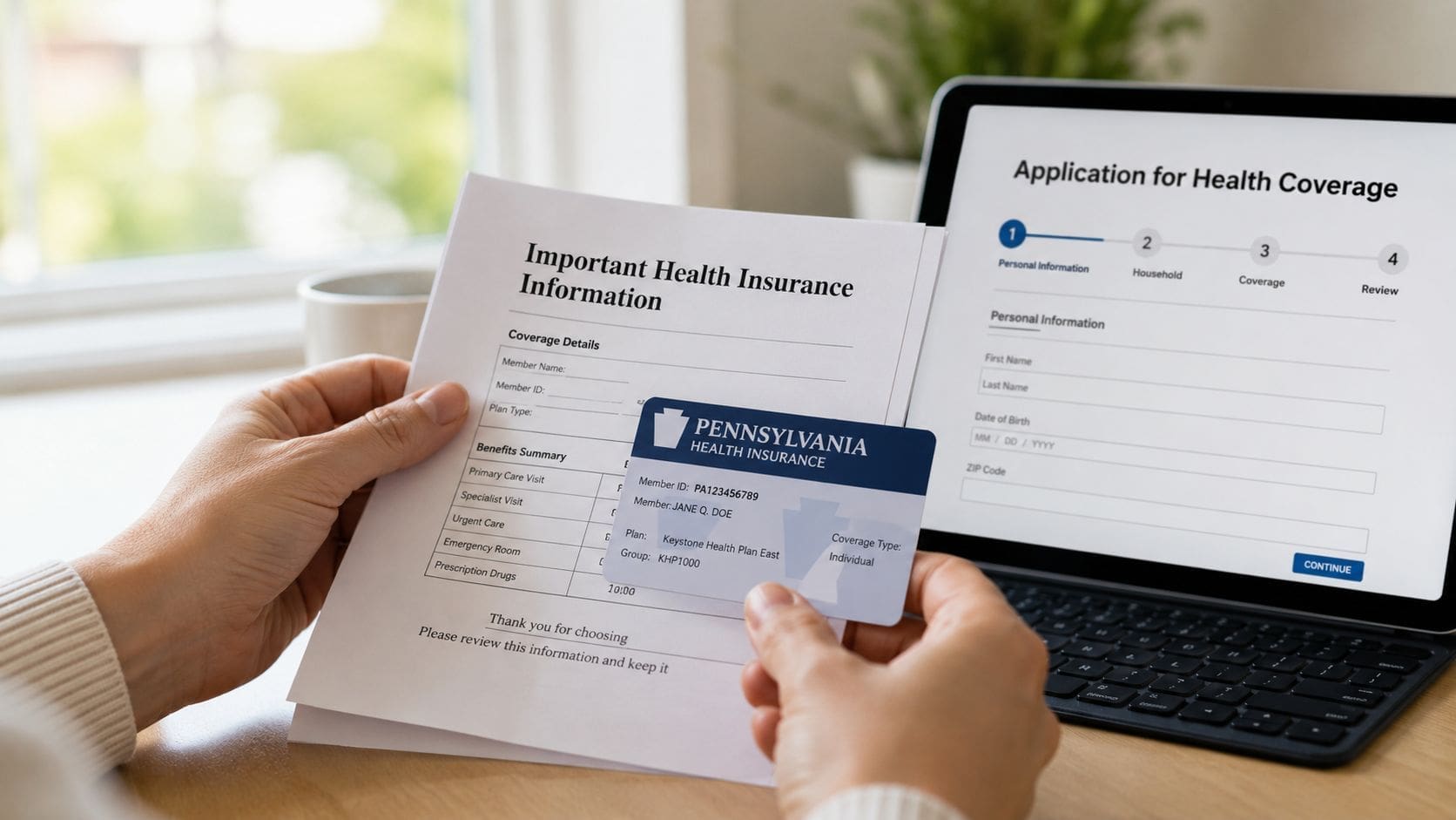 A person holding a Pennsylvania health insurance card while filling out an online health insurance application on a tablet.