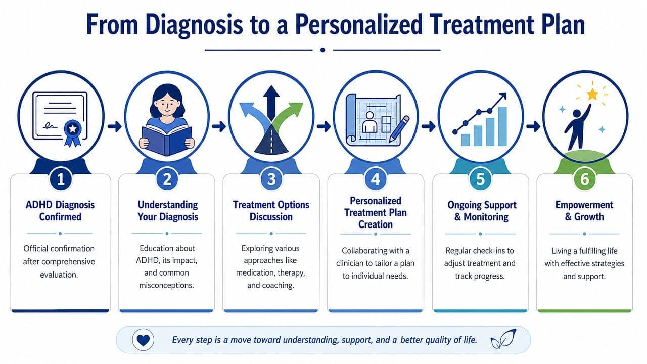 A six-step infographic illustrating the process from ADHD diagnosis to a personalized treatment plan and growth.
