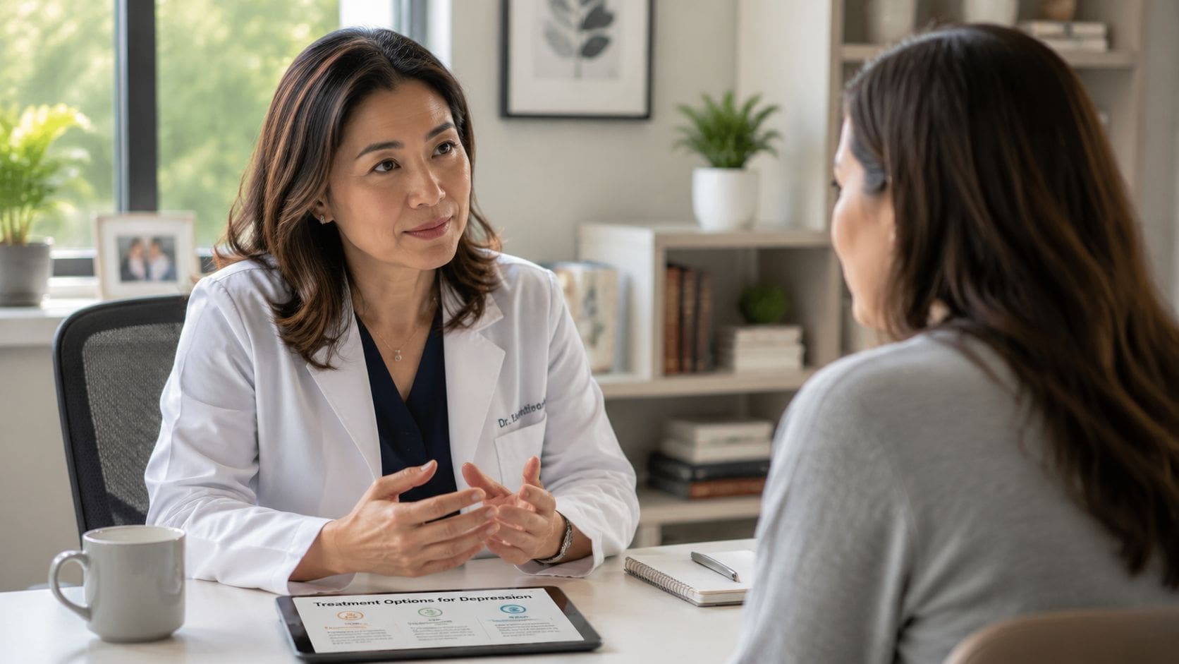 A female doctor with a white coat discussing depression treatment options with a patient in an office.