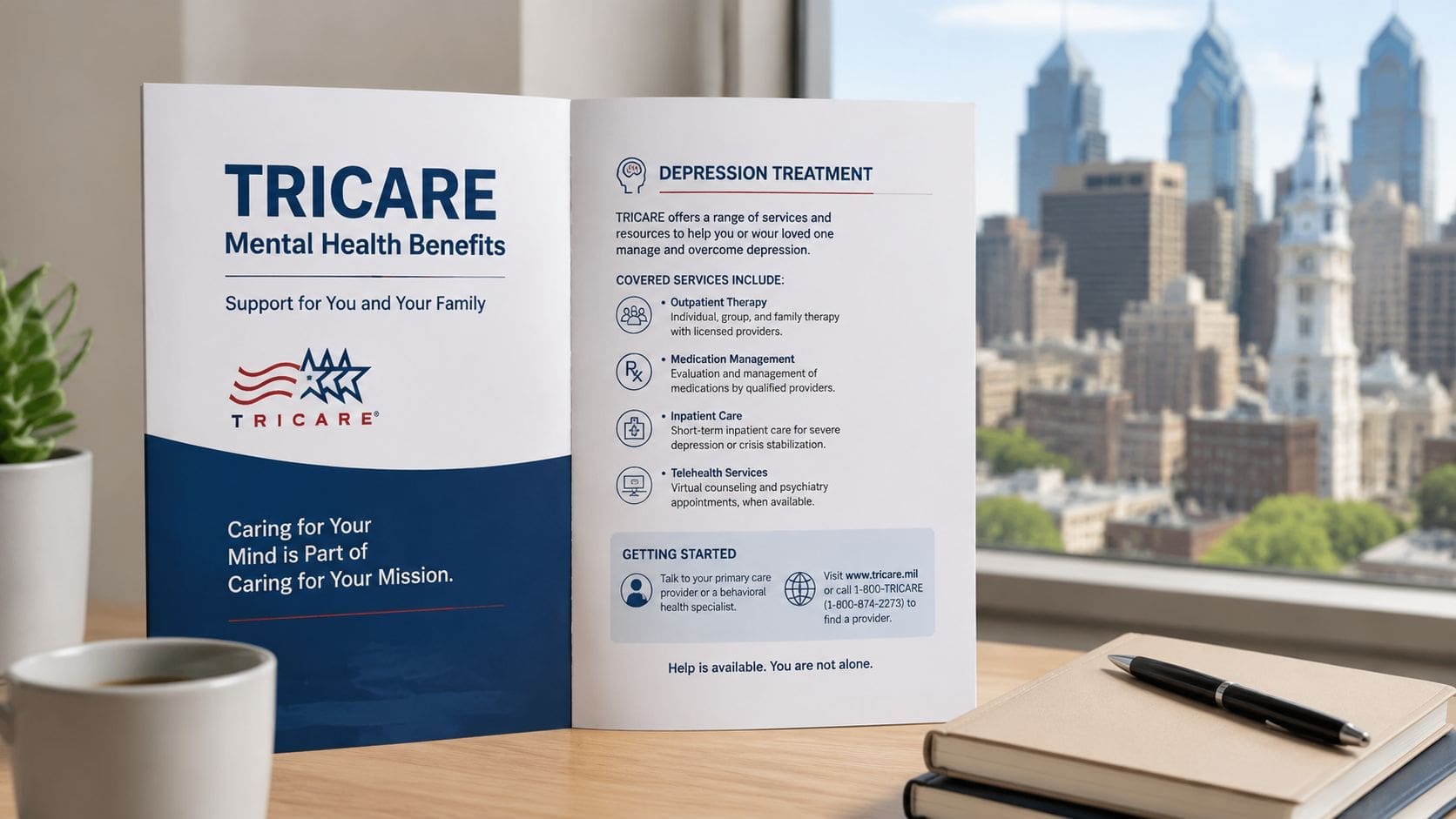 A pamphlet about TRICARE mental health benefits for depression treatment sitting on a desk with a Philadelphia skyline background.