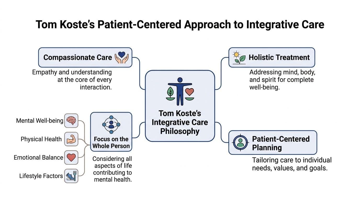 A diagram illustrating Tom Koste's patient-centered integrative care philosophy, highlighting compassionate care, holistic treatment, and planning.
