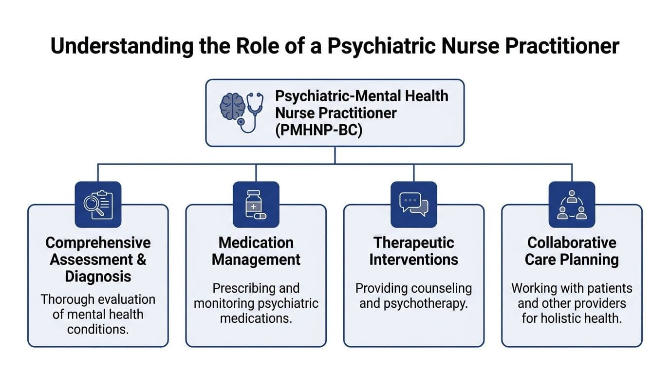 A flowchart outlining the core responsibilities and clinical roles of a Psychiatric-Mental Health Nurse Practitioner.