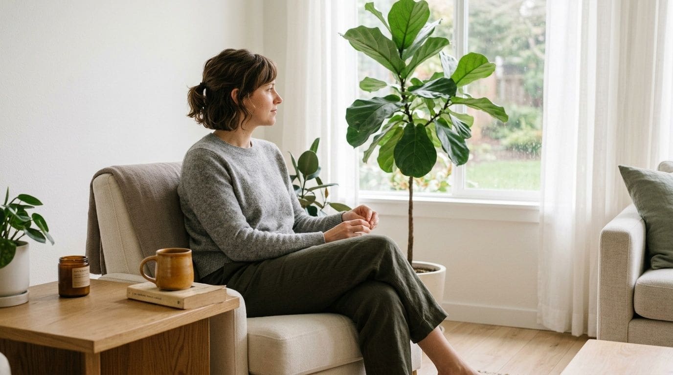 A woman sitting in a cozy armchair near a window looking thoughtful in a bright living room.