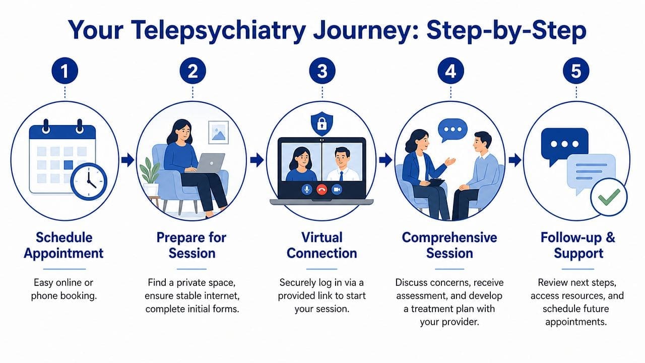 A step-by-step infographic illustrating the five stages of a telepsychiatry journey from scheduling to follow-up support.